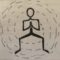 human figure in wide legged horse stance, palms together at chest, radiating spiral